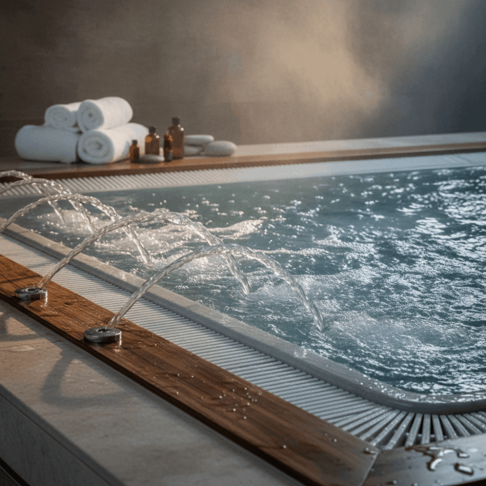 Installation de jacuzzi XXL privatif en fonctionnement avec eau cristalline et matériaux premium dans spa privatisé