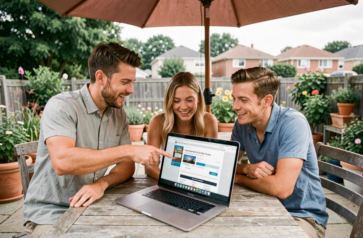 Groupe d'amis consultant les prix des billets Tomorrowland sur un ordinateur portable en terrasse