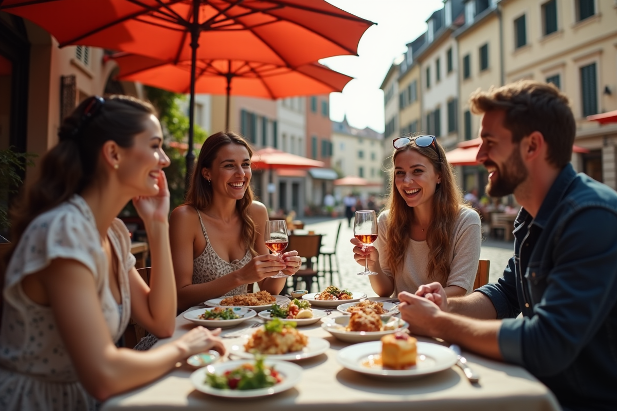 Groupe d amis partageant un repas et du vin en terrasse