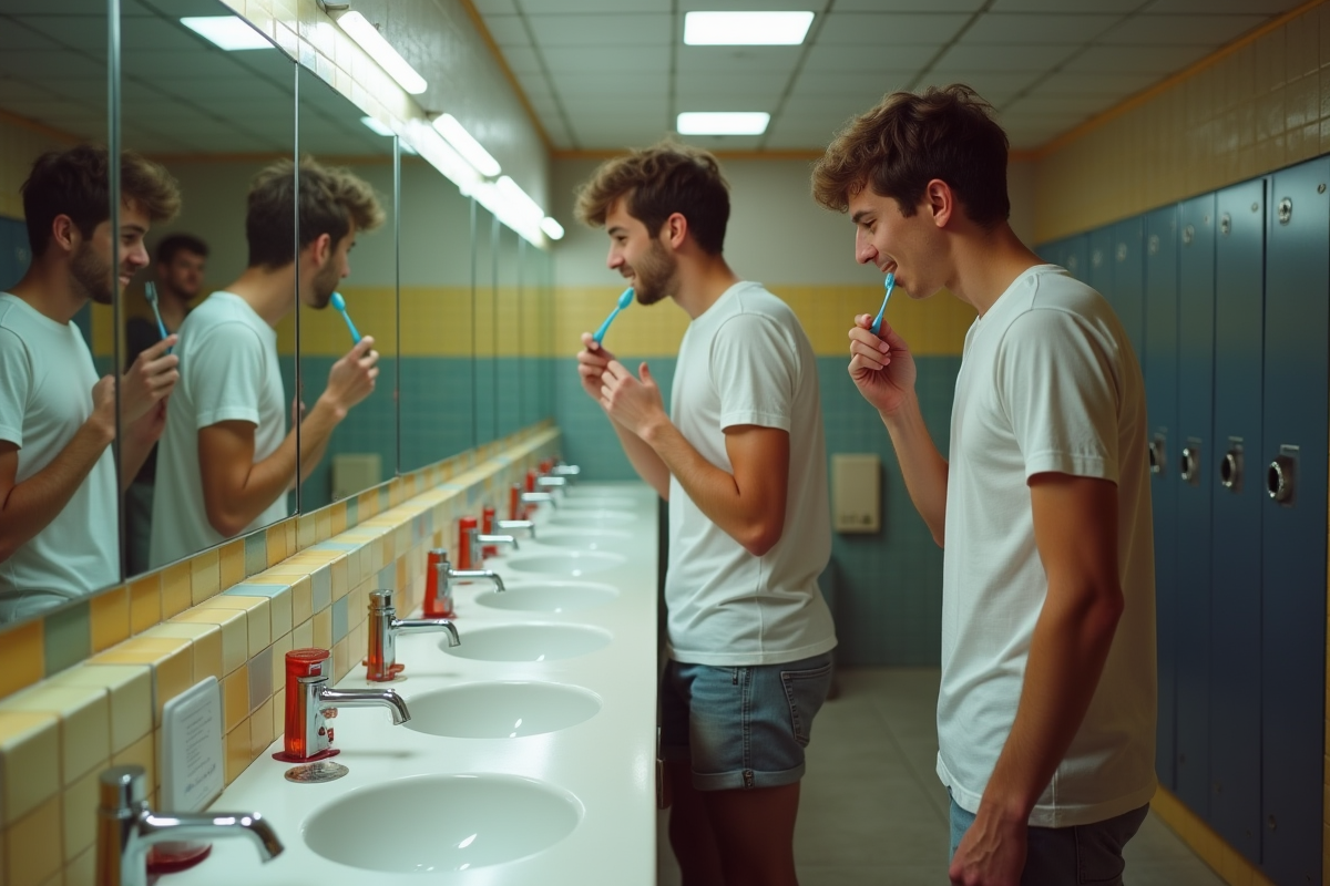 Deux amis discutant en se brossant les dents dans une salle de bain d