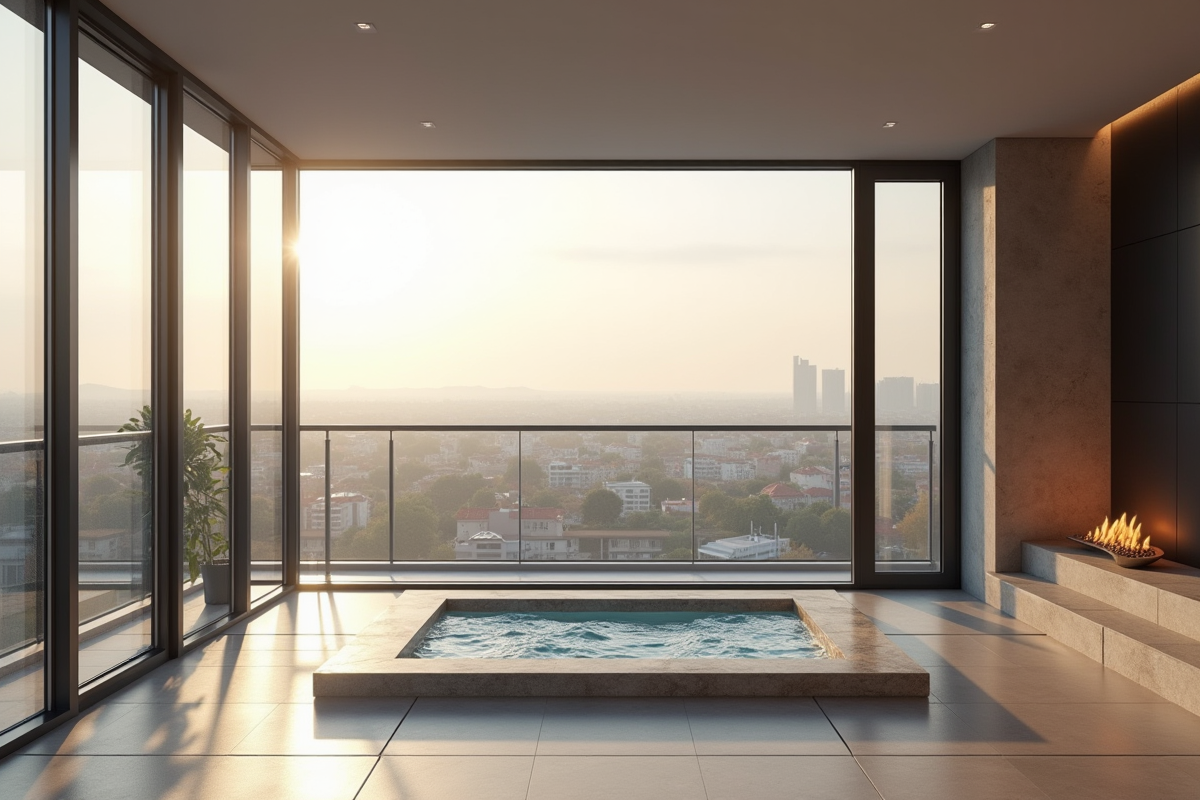 Salon moderne avec jacuzzi à Lyon vue urbaine lumineuse