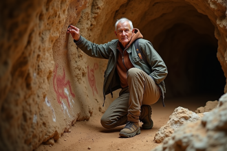 Archéologue âgé examinant des peintures rupestres dans une grotte