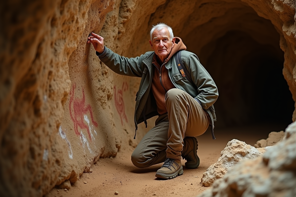 Archéologue âgé examinant des peintures rupestres dans une grotte
