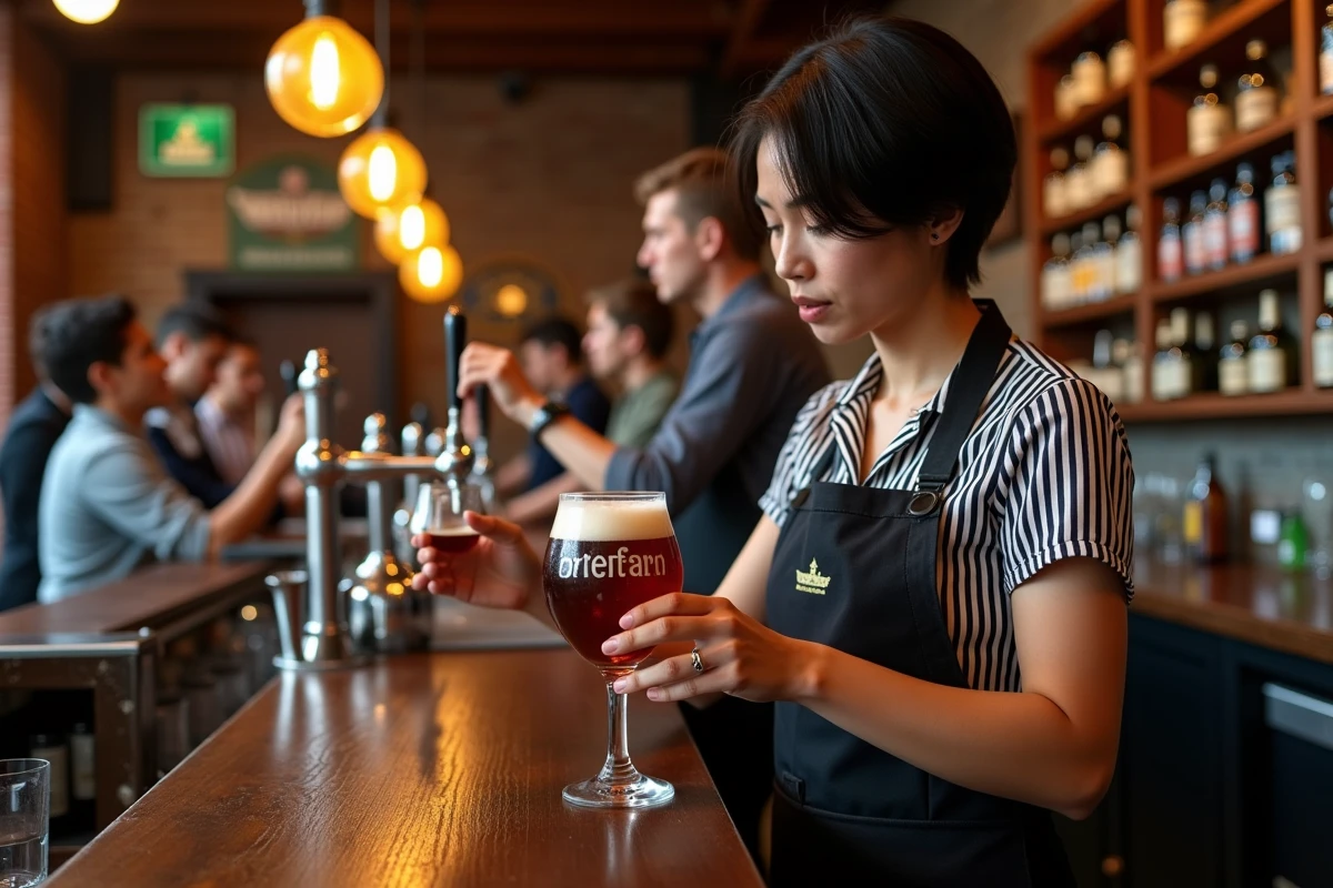 Barmaid versant une bière trappiste belge dans un bar animé de Gand, avec décor en briques apparentes et ambiance de soirée authentique
