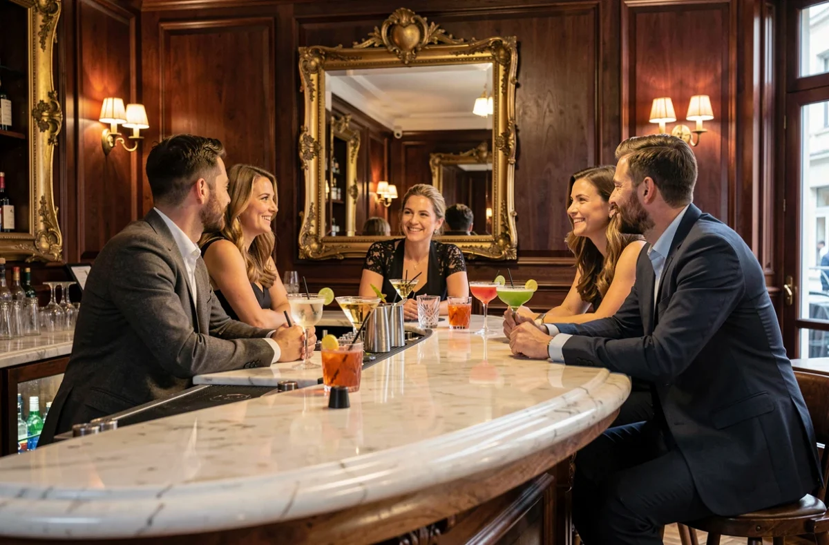 Groupe d'amis dans un bar à cocktails au décor viennois classique avec boiseries dorées