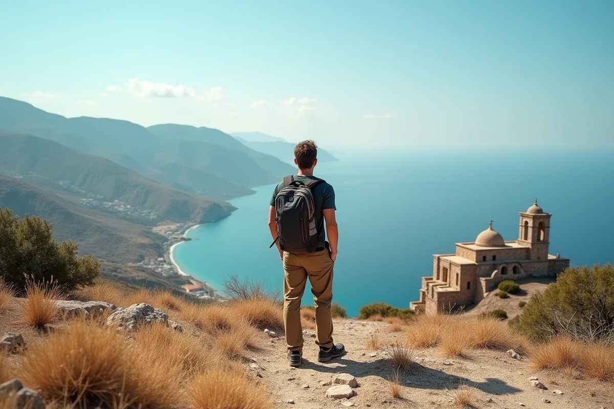 Randonneur contemplant le panorama sauvage de la péninsule du Magne depuis un belvédère proche d'Aréopoli en Grèce