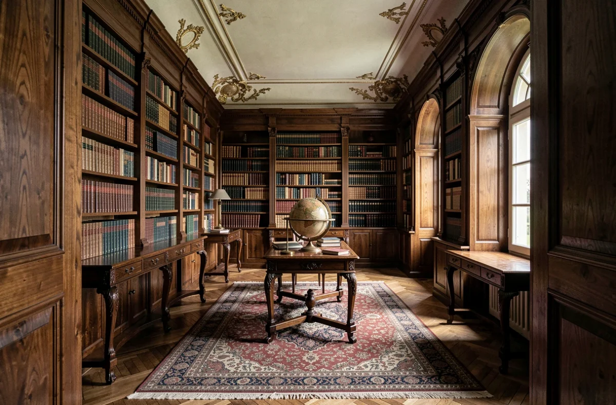 Bibliothèque historique en bois sculpté du château de Peleș avec étagères de livres anciens et mobilier royal