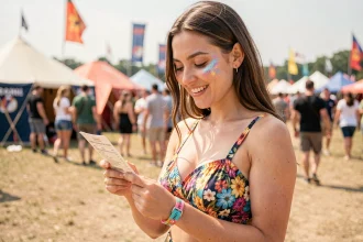 Jeune femme en tenue de festival tenant un billet Tomorrowland avec un bracelet dans la main