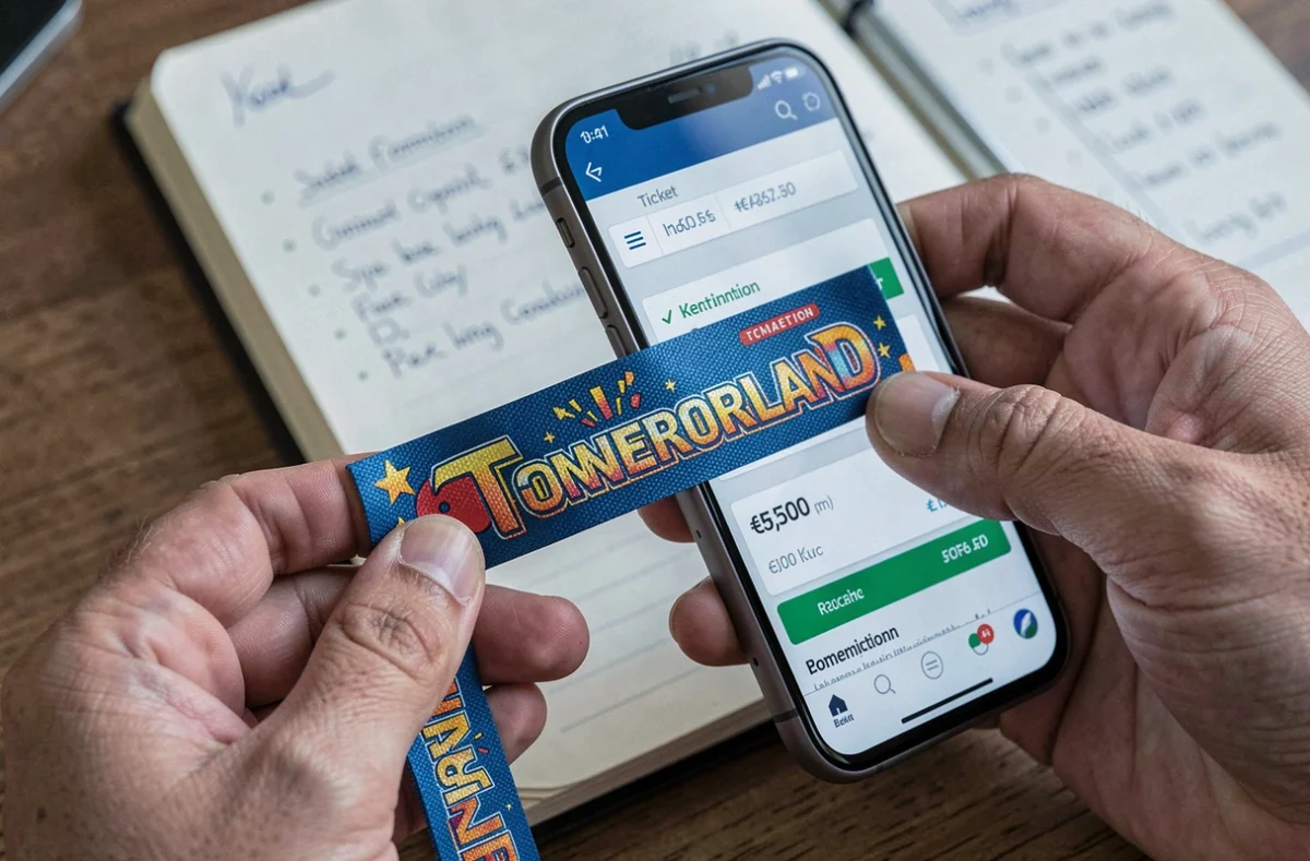 Gros plan sur un bracelet Tomorrowland et un smartphone affichant la confirmation d'achat de billets