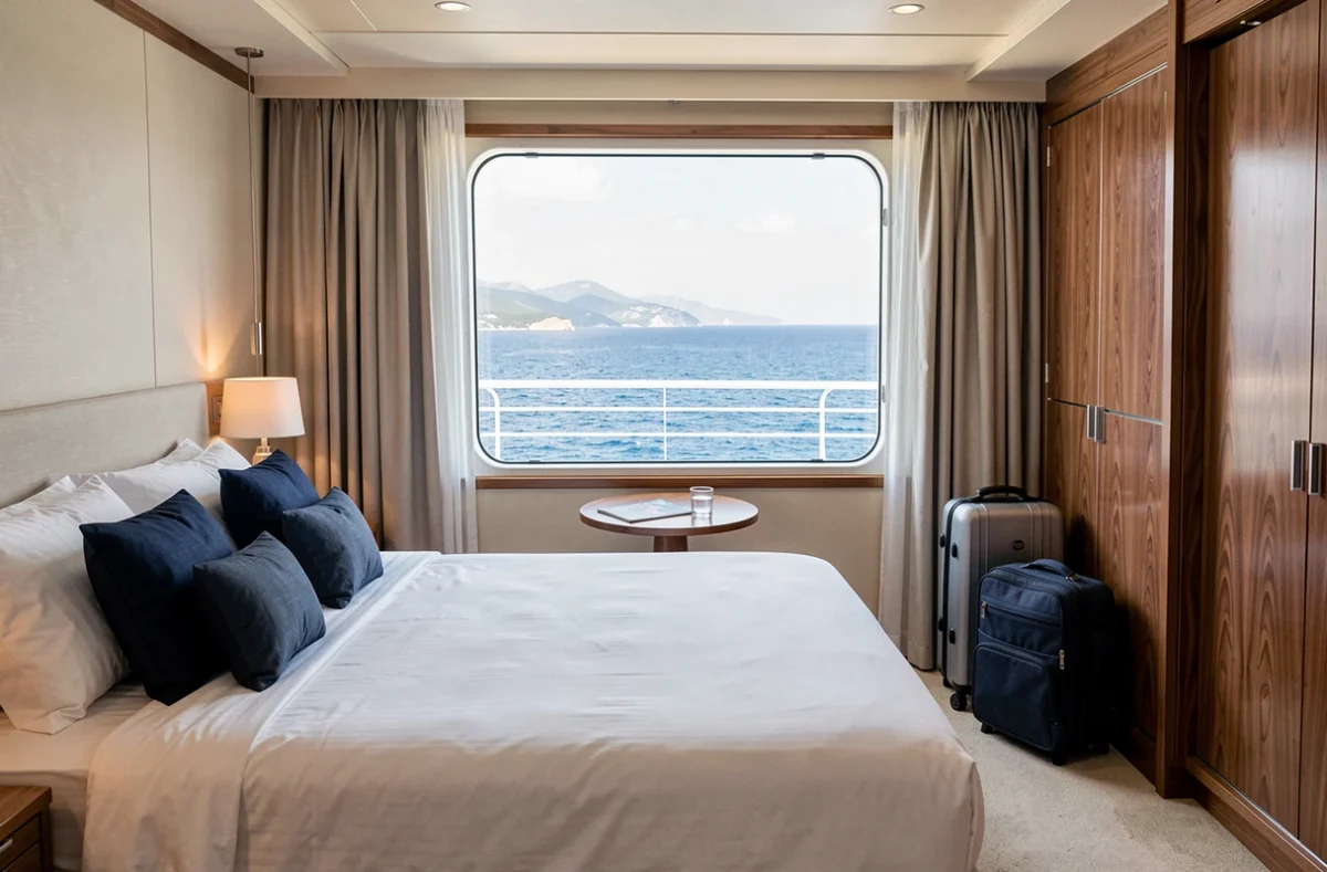 Cabine moderne d'un navire de croisière MSC avec vue panoramique sur la mer Méditerranée