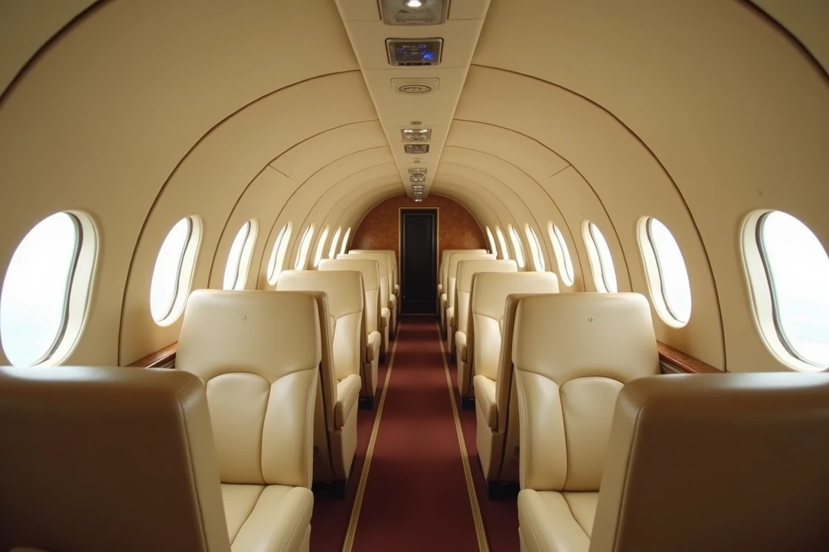 Vue intérieure de la cabine vide du Concorde avec ses sièges en cuir beige et ses hublots ovales