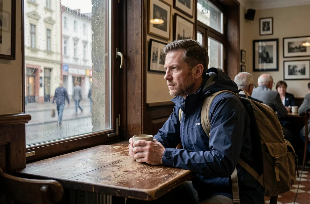 Voyageur solitaire dans un café traditionnel de Prague regardant la pluie par la fenêtre