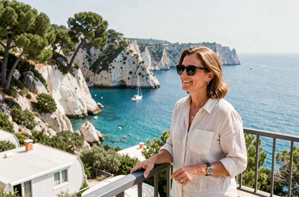 Femme contemplant la Baie des Anges et ses falaises calcaires blanches depuis le camping de La Ciotat