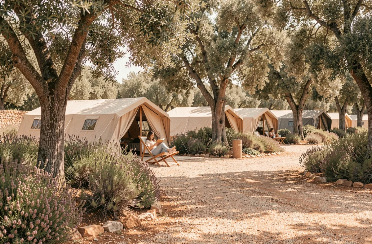 Femme lisant sur une terrasse en bois devant une tente glamping au Camping de Ceyreste entouré de chênes méditerranéens