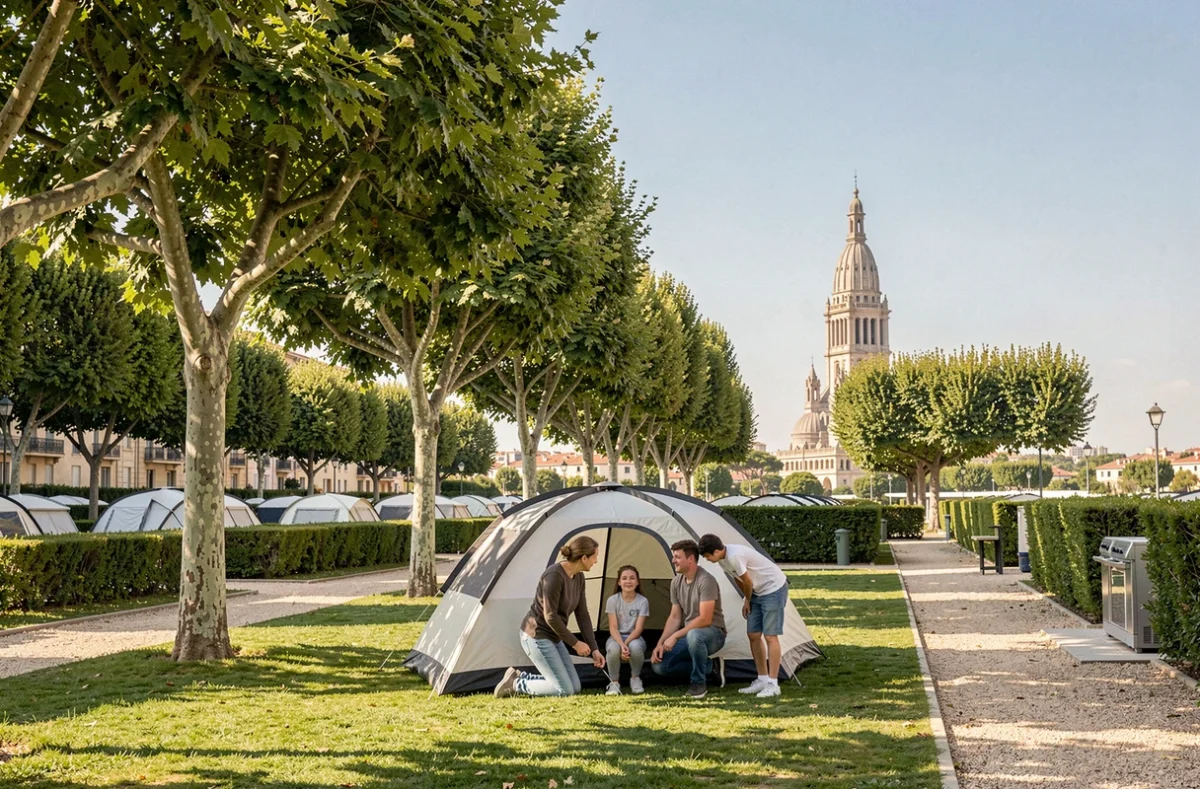 Famille installant une tente au Camping du Parc à Marseille avec la silhouette de Notre-Dame de la Garde en arrière-plan