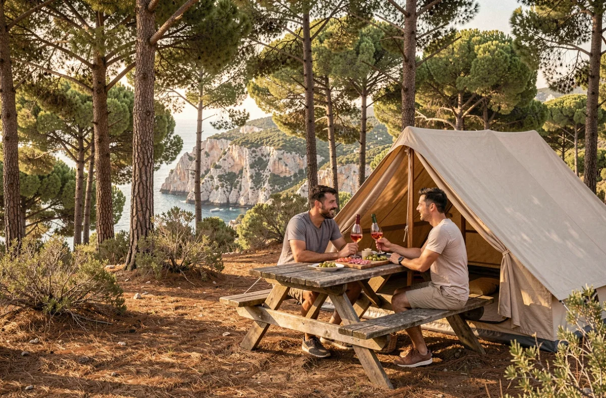 Couple dégustant du rosé et des produits locaux devant leur tente au Camping Le Provençal près de Cassis