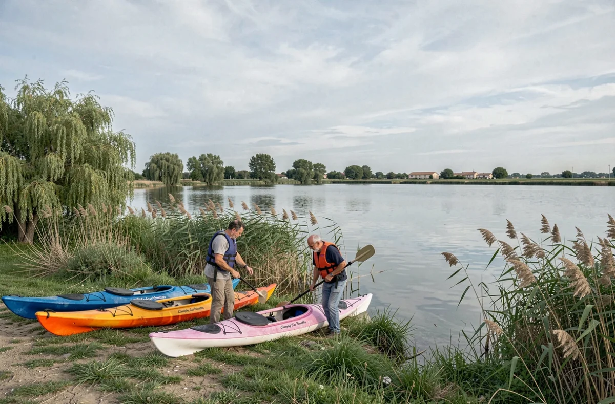 Couple préparant des kayaks colorés au bord de l'étang au Camping Les Mouettes à Martigues