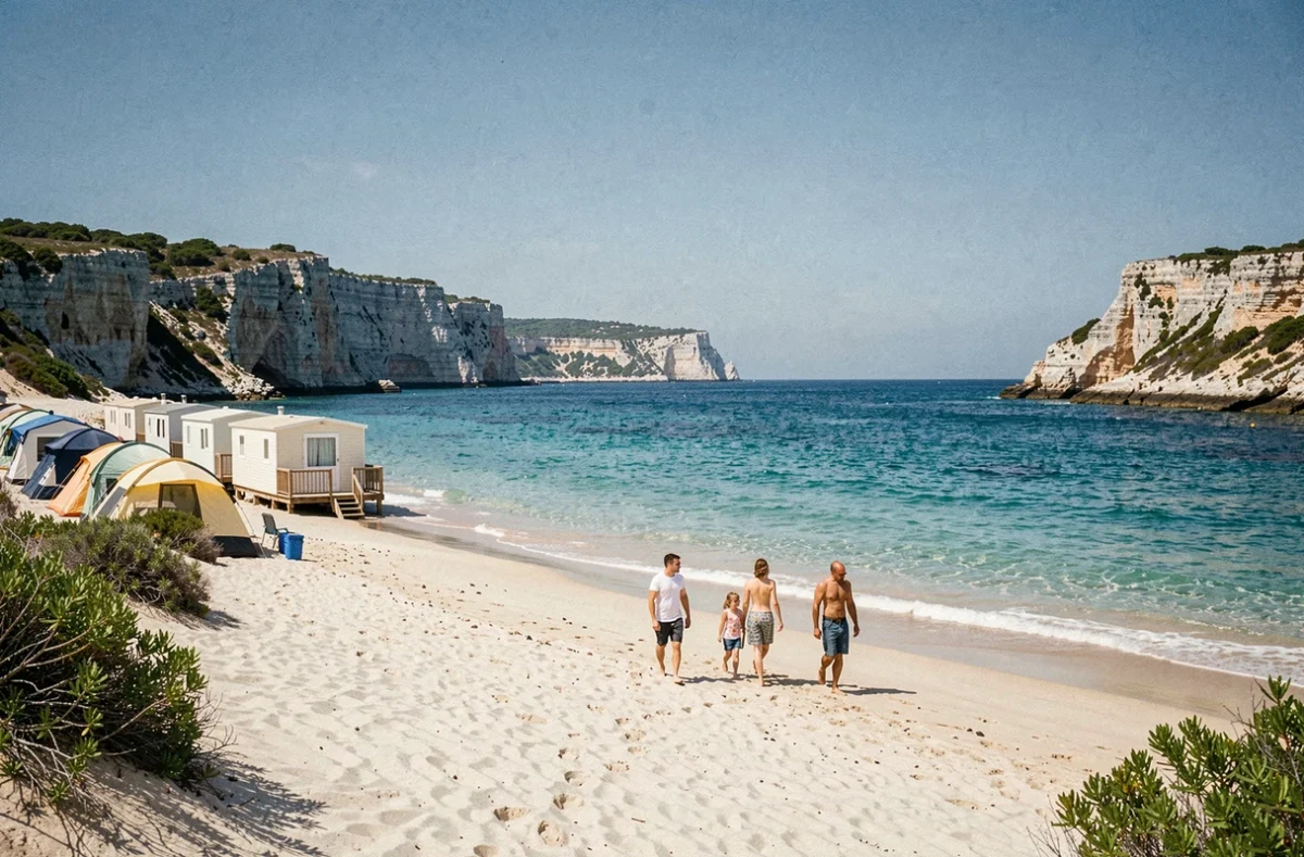 Camping Marina Plage à La Couronne avec mobil-homes face à une baie méditerranéenne turquoise et plage de sable