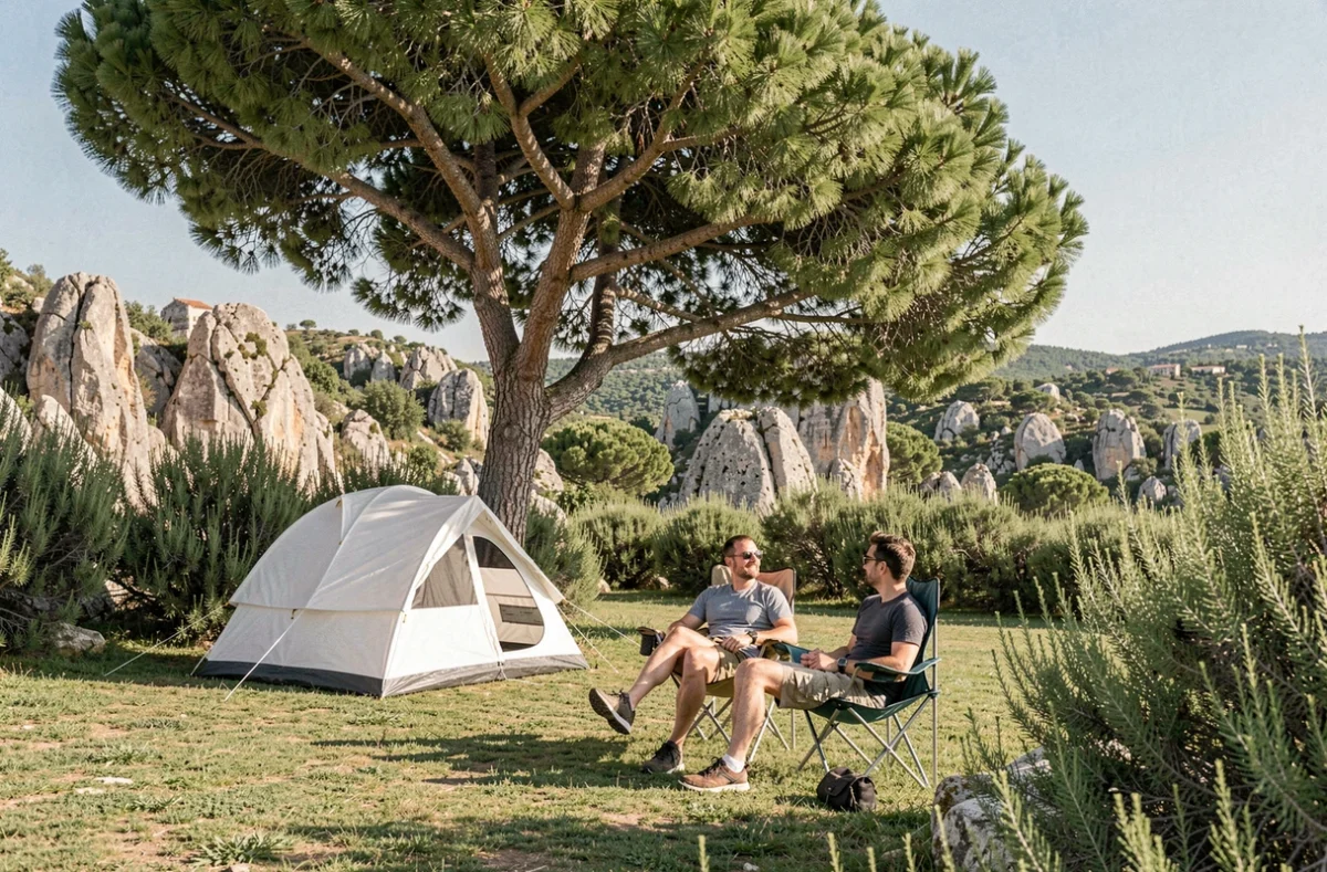 Emplacement verdoyant du Camping Pascalounet près de Marseille avec tente familiale sous un pin et paysage provençal rocheux