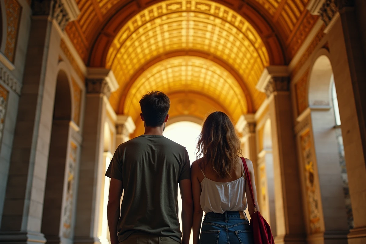Couple de voyageurs admirant les mosaïques byzantines dorées de la Cappella Palatina à Palerme