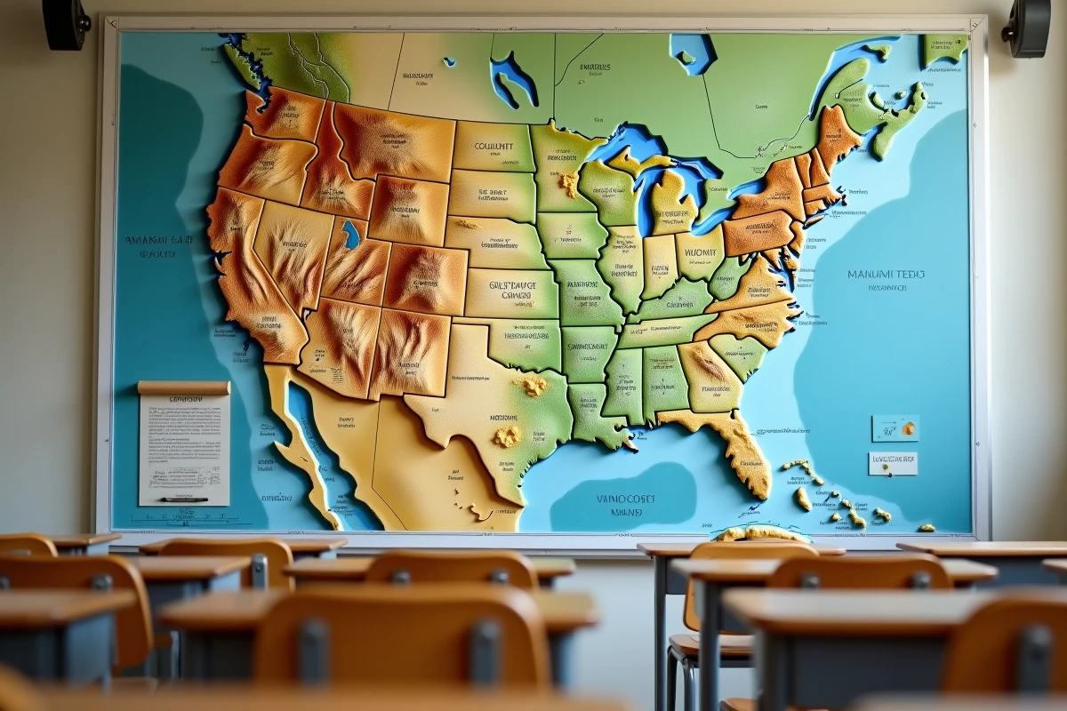 Carte géographique des États-Unis en relief affichée dans une salle de classe avec les noms de villes en français