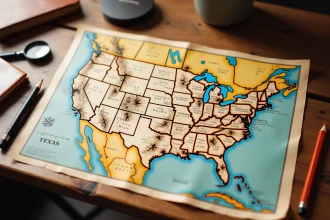 Carte papier vintage des États-Unis avec noms de villes en français posée sur une table en bois rustique