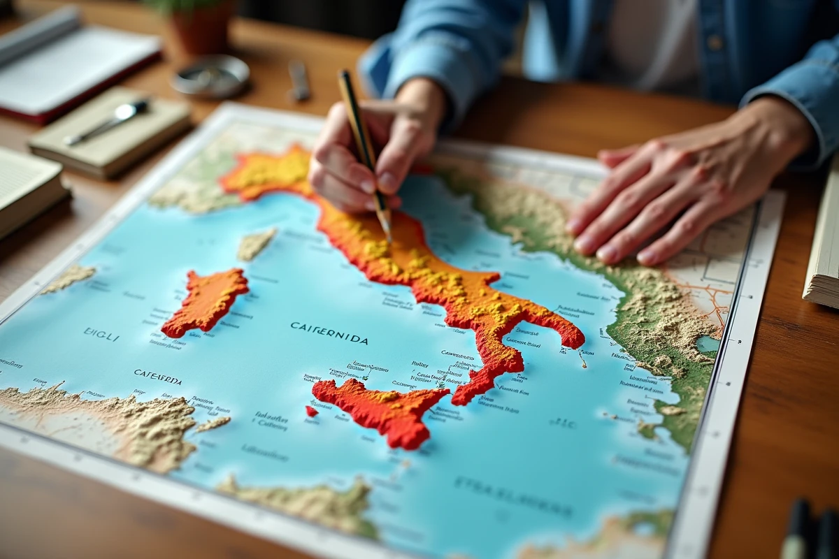 Carte topographique de l'Italie annotée à la main avec les zones sismiques et volcaniques actives, consultée par un géologue lors d'une étude de terrain