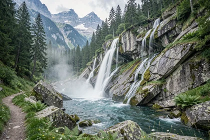 Cascade spectaculaire sur des rochers de granite moussus dans les Alpes près de Chamonix, entourée de forêt de conifères et de fougères