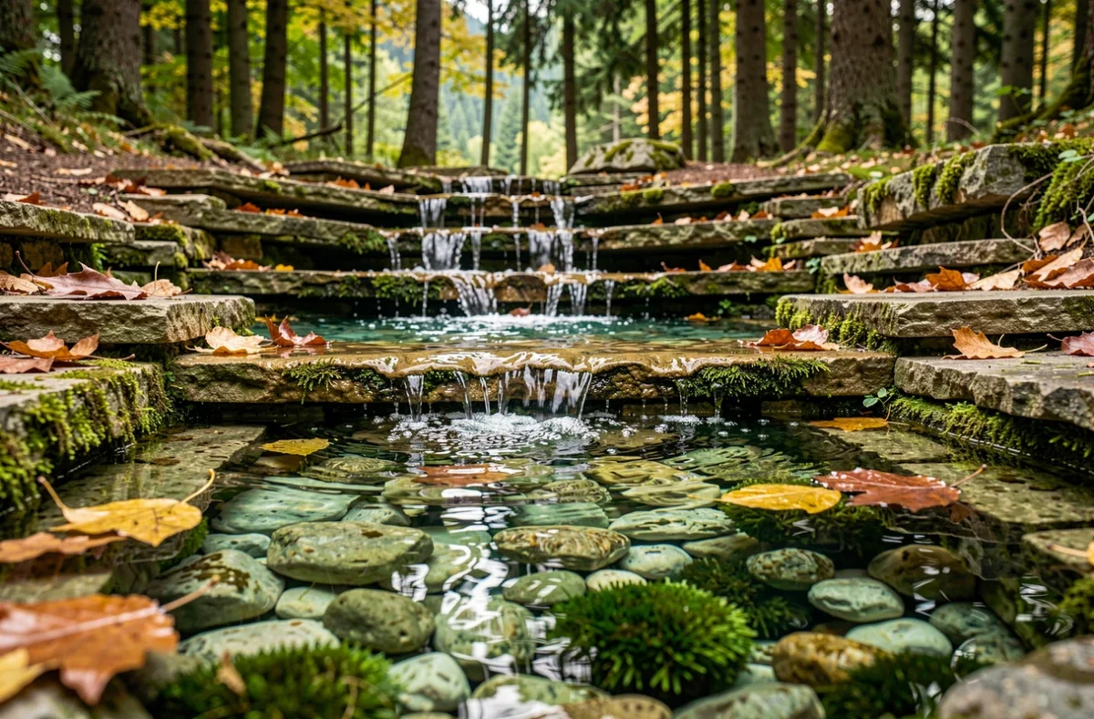 Cascades en escalier sur calcaire avec eau turquoise et feuilles d'automne sur un sentier forestier près d'Annecy