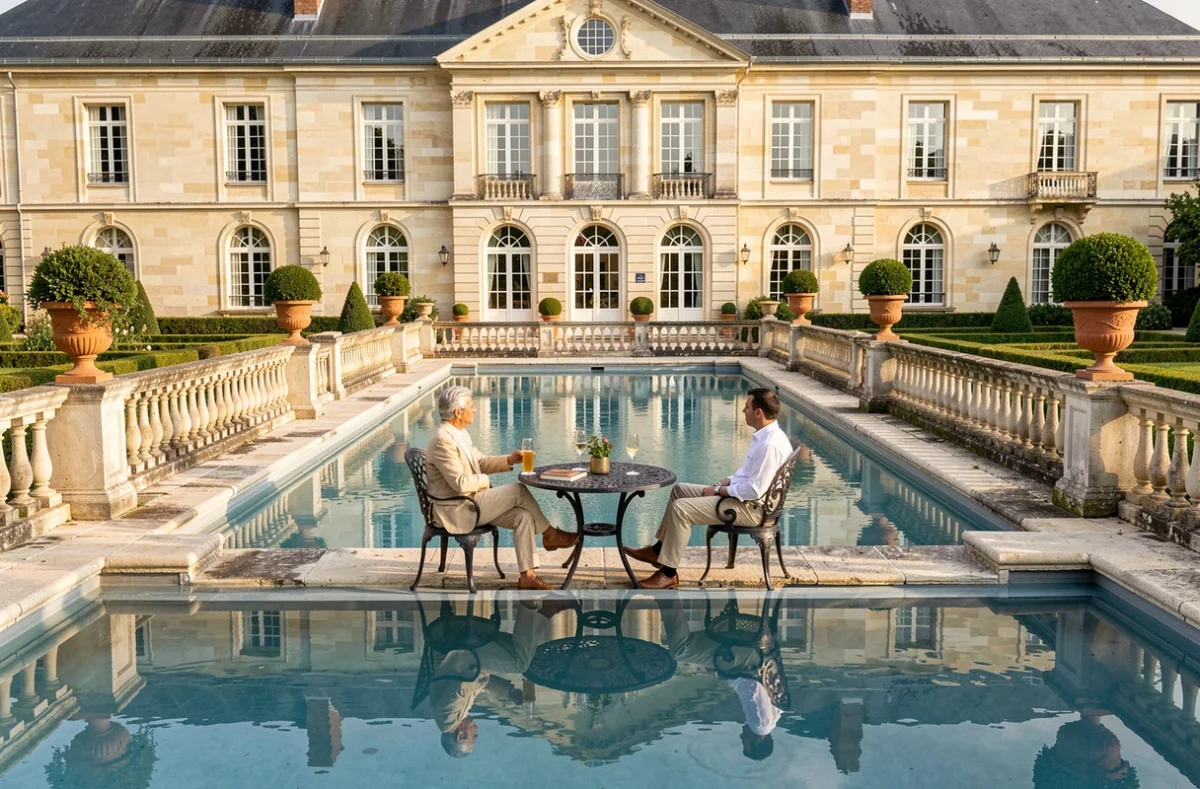 Piscine quatre étoiles du Castel Damandre avec balustrades en pierre et façade de château