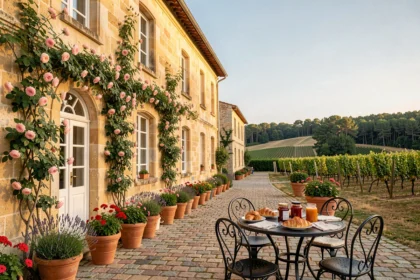 Cour intérieure d'une chambre d'hôtes de charme en Nouvelle-Aquitaine avec façade en pierre, roses grimpantes et petit-déjeuner rustique dressé sur une table en fer forgé