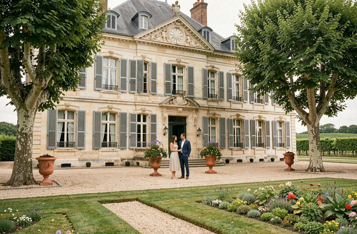 Château La Galiane, manoir du XVIIIe siècle en Médoc avec allée de platanes, jardin à la française et couple de voyageurs à l'entrée