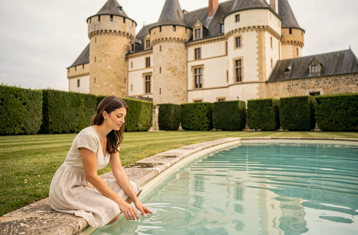 Piscine extérieure élégante avec vue sur le Château Sainte Sabine près de Beaune