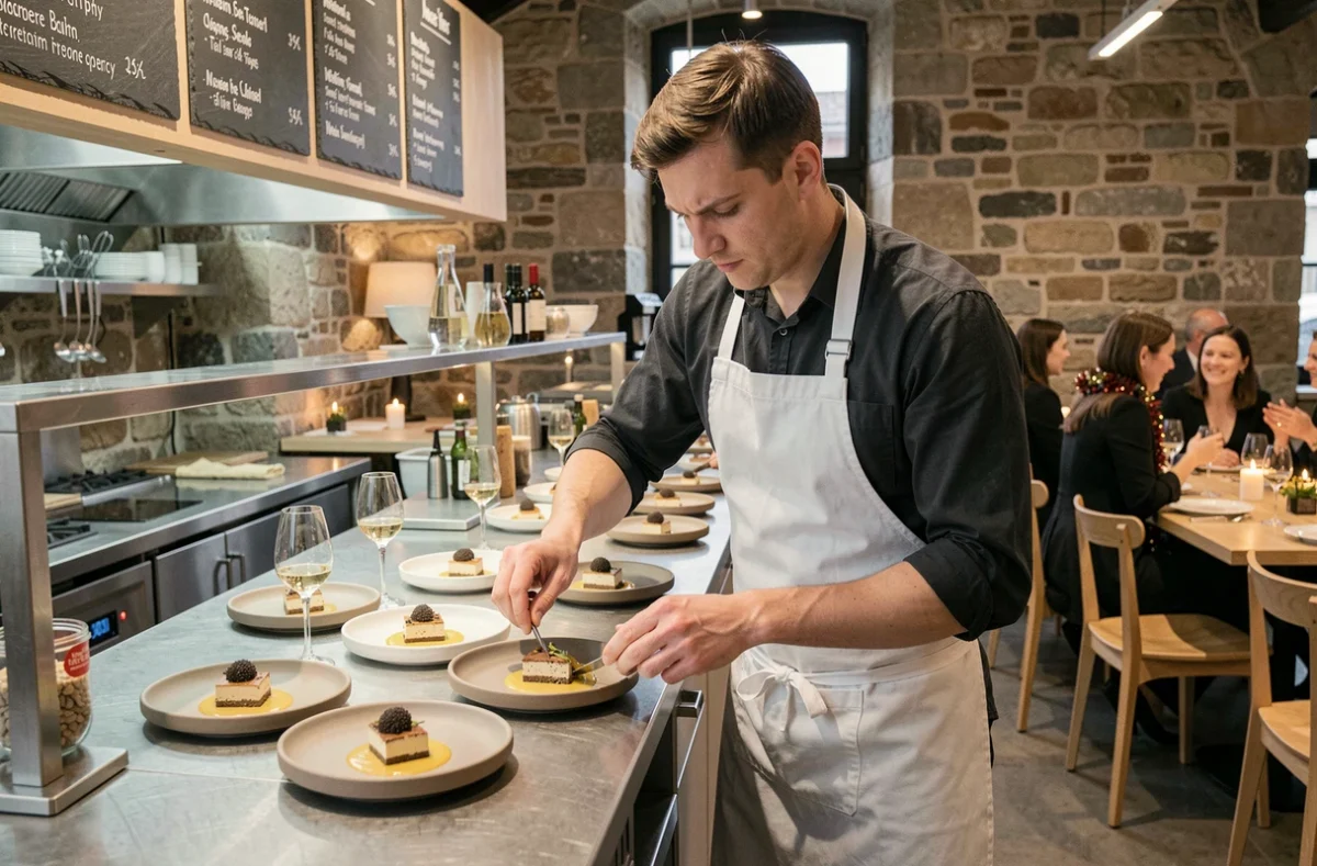 Chef en train de dresser une assiette bistronomique raffinée dans un restaurant strasbourgeois le soir du réveillon