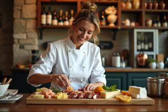 Femme chef arrangeant une assiette de fromages et fruits en bistro