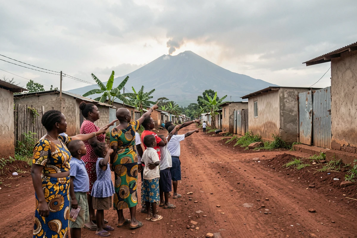 Communauté villageoise congolaise observant le volcan Nyiragongo en arrière-plan depuis les abords de Goma, illustrant la cohabitation avec le risque volcanique
