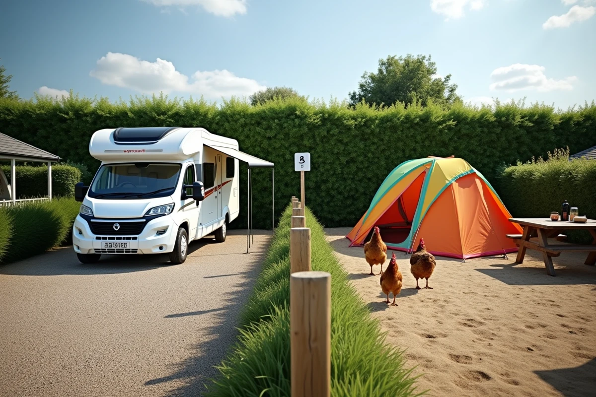 Comparaison visuelle entre un emplacement de camping chaîne avec camping-car et un emplacement de petit camping familial rustique séparés par une clôture en bois