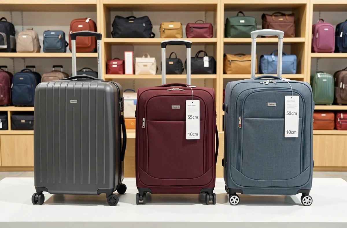 Comparaison de trois valises cabine de tailles différentes en magasin avec leurs dimensions affichées pour choisir la bonne taille avion