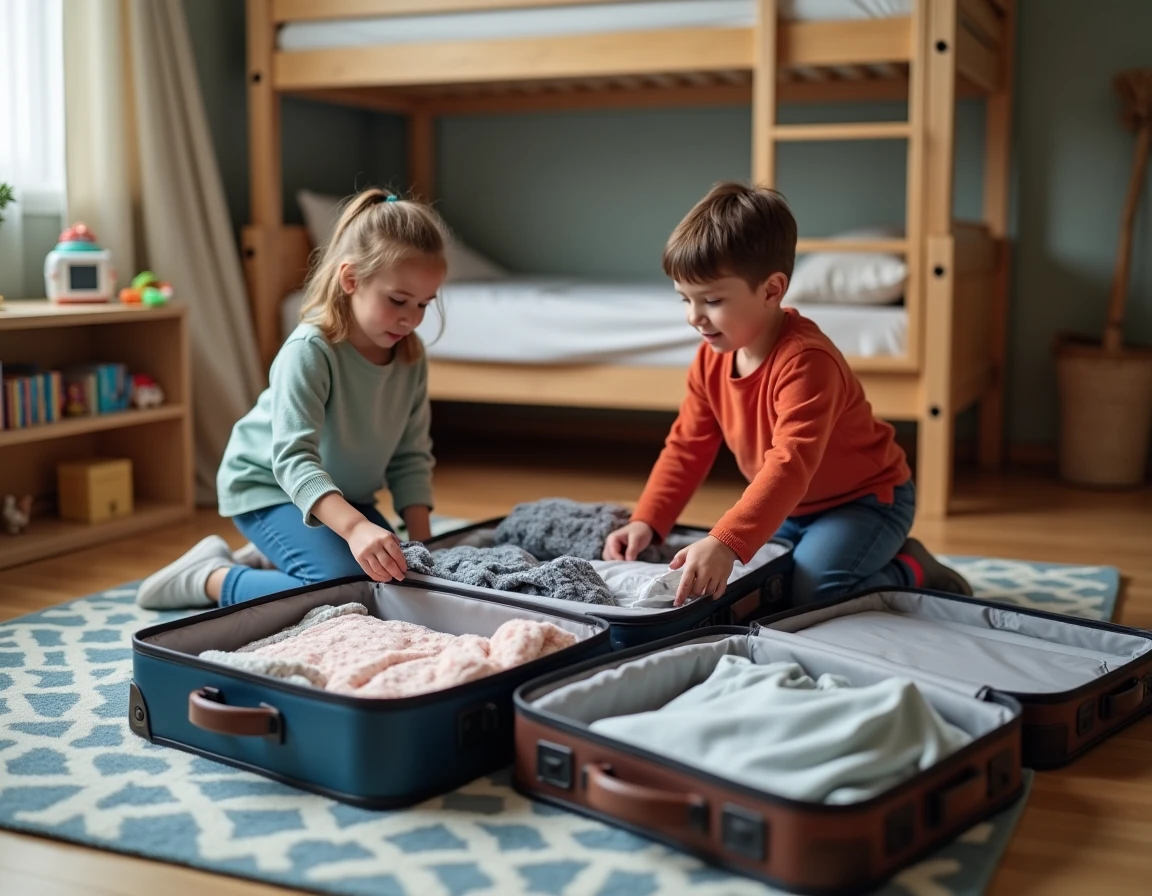 Deux enfants en train de préparer leurs valises de différentes tailles dans une chambre, illustrant la comparaison des formats de bagages pour enfants et adolescents