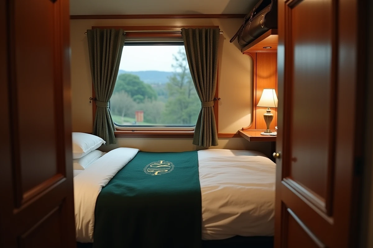 Compartiment privé d'un train de luxe style Orient Express avec literie blanche et paysage européen au crépuscule par la fenêtre