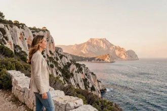 Femme contemplant le coucher de soleil sur le cap Canaille depuis les falaises de Cassis