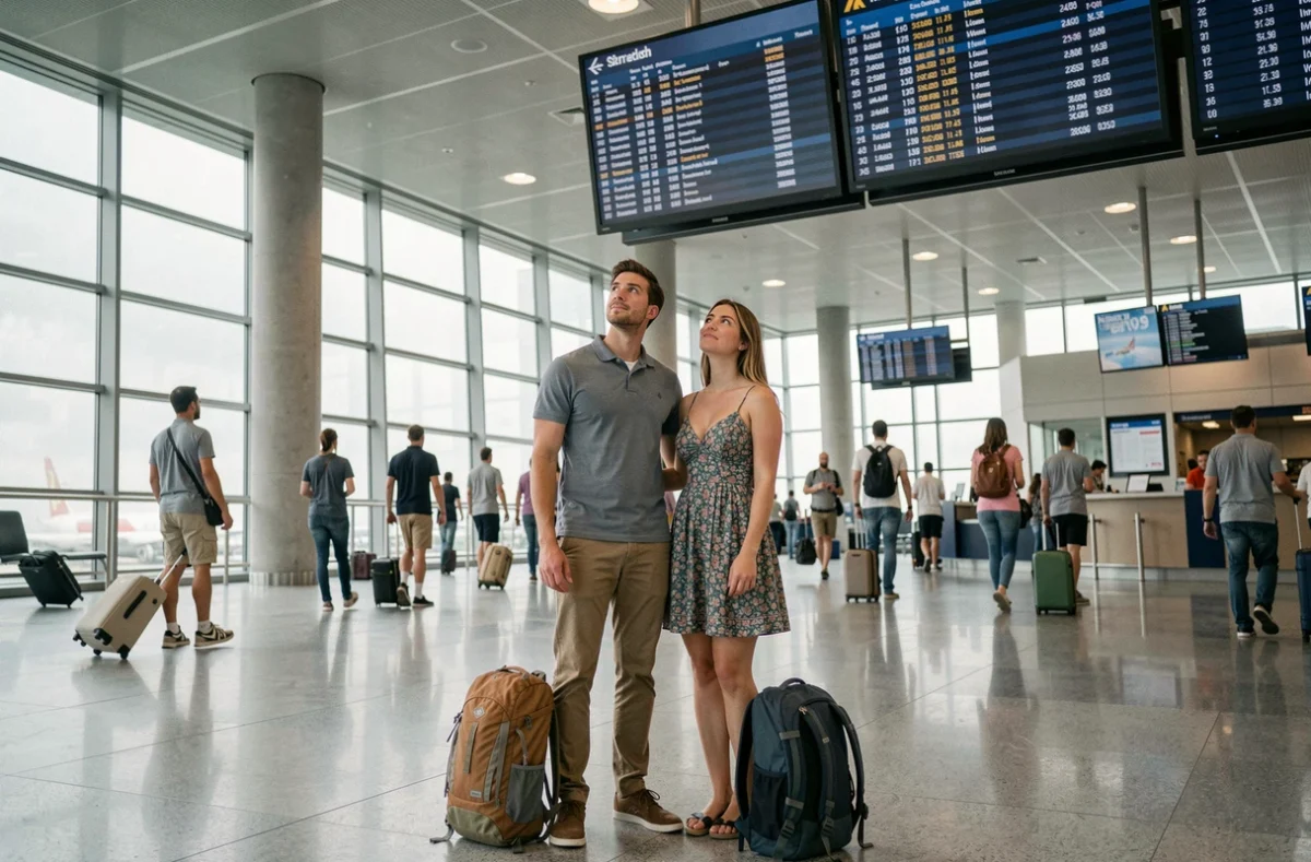 Couple de voyageurs consultant un tableau des départs dans un aéroport pour un voyage spontané pas cher en août