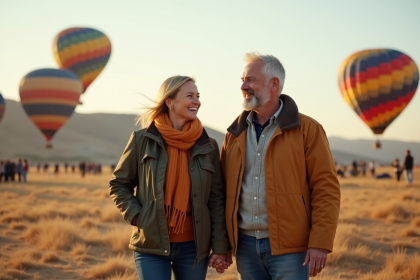 Couple souriant en automne avec montgolfieres en fond