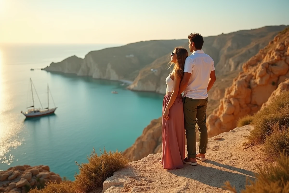 Couple contemplant la baie tunisienne depuis un belvédère rocheux avec vue panoramique sur la mer