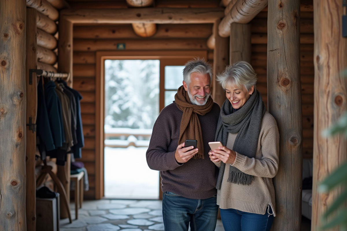 Couple dans une cabane de montagne avec paysage enneige