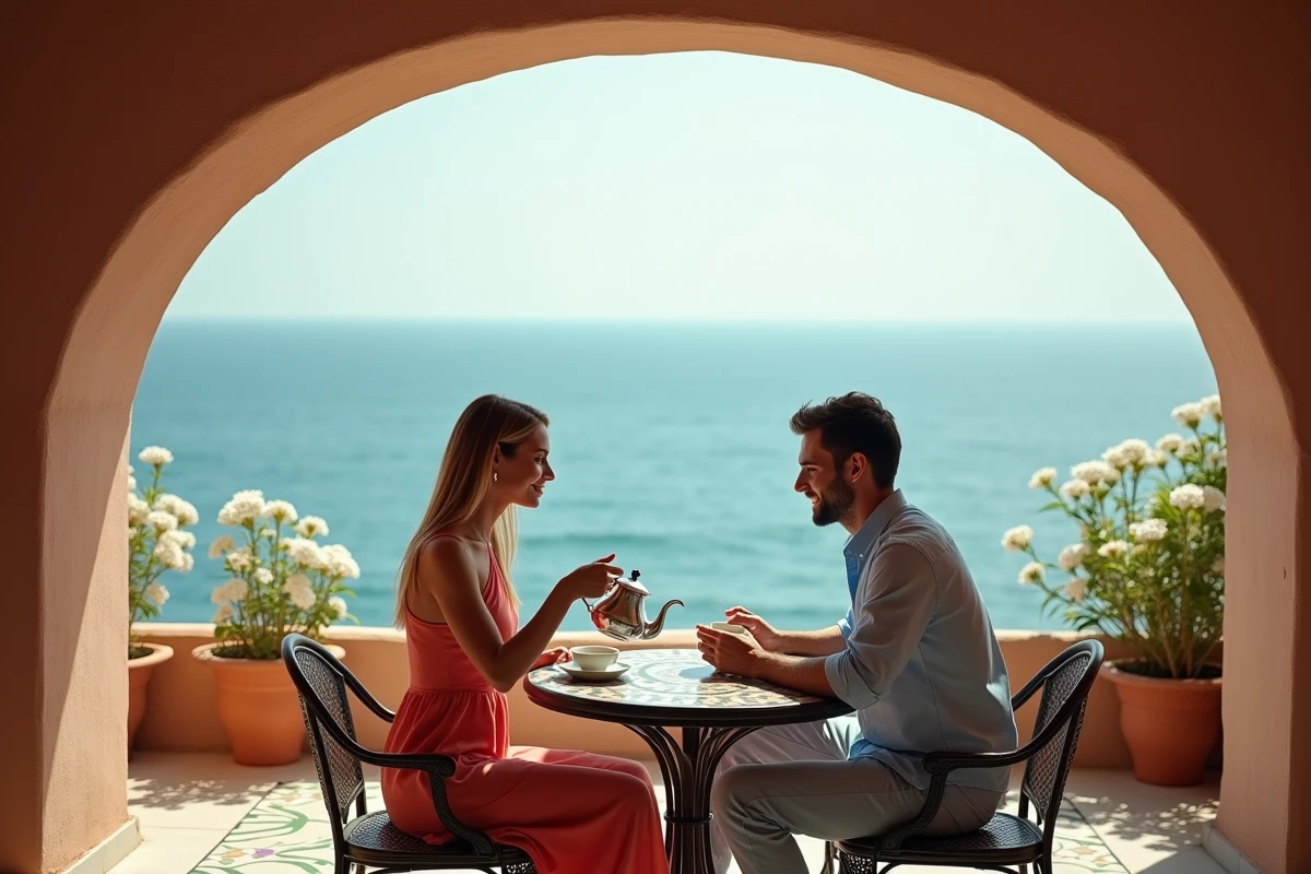 Couple amoureux partageant un thé à la menthe dans un café en terrasse face à la mer en Tunisie