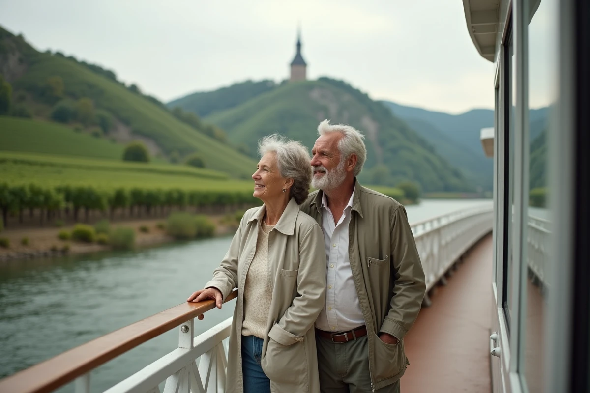 Couple de voyageurs sur le pont d'un bateau de croisière fluviale admirant les rives de la Moselle allemande