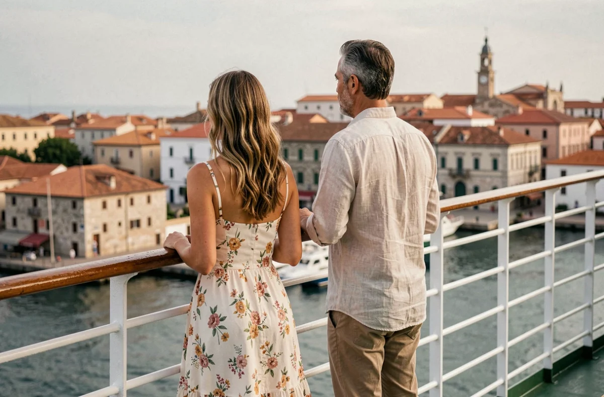 Couple de touristes profitant d'une croisière MSC en Méditerranée depuis le pont du navire