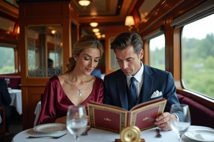 Couple élégant dînant dans le wagon-restaurant de l'Orient Express avec décoration Art Déco en bois d'acajou et vaisselle en cristal