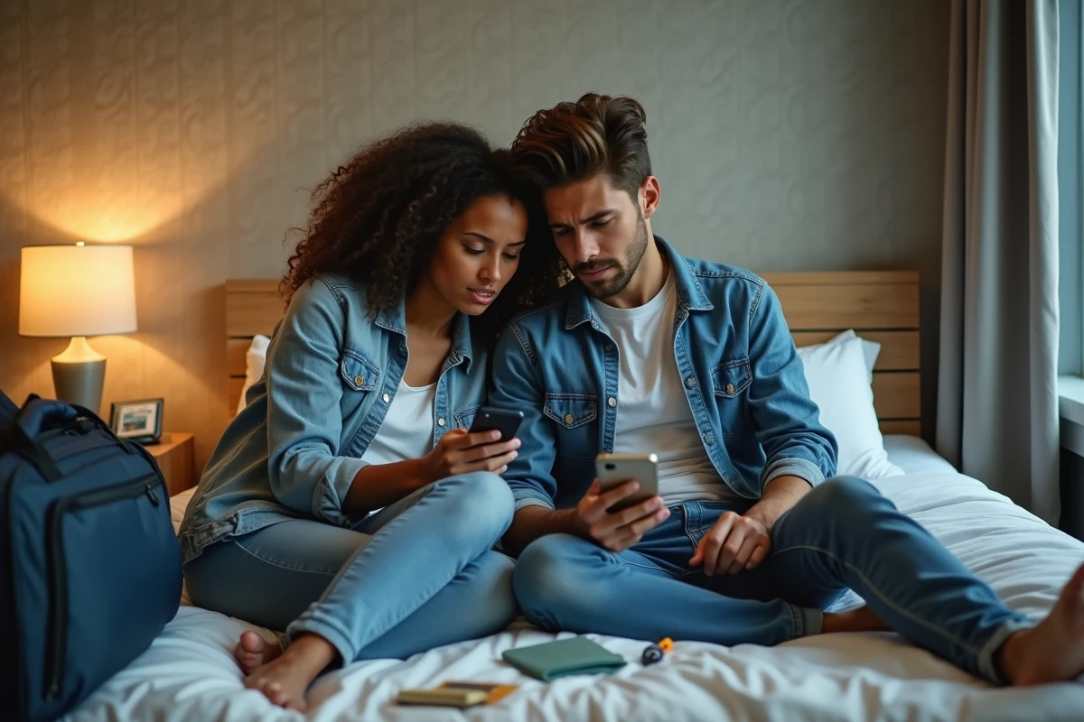 Couple de voyageurs consultants leur smartphone dans une chambre d'hôtel avec bagages ouverts et documents éparpillés